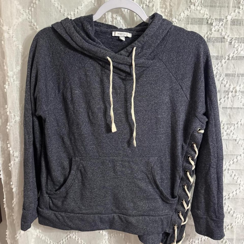 Maette Stella Dot Lace Up Side Hoodie Sweatshirt Gray Cowl Neck Pullover Women S